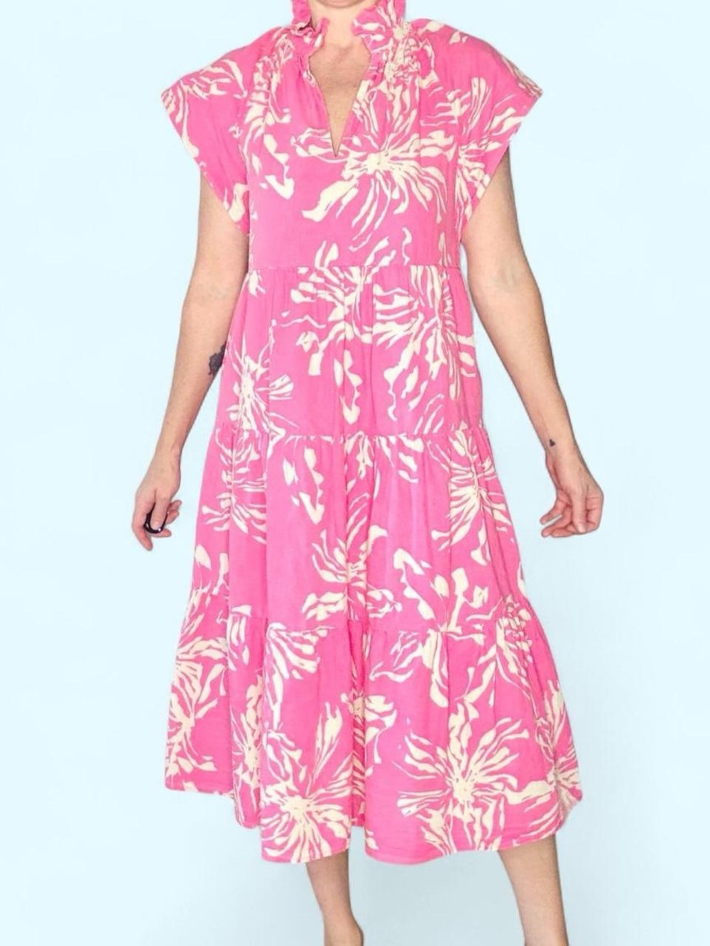 Pinch Pink White Floral Tired Coquette Midi Dress